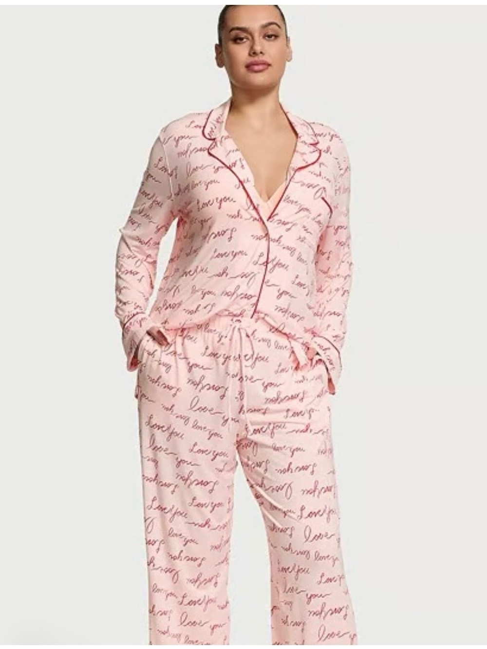 Victoria’s Secret Love You Script Pajama Set Pink Modal Button Front Size XXL